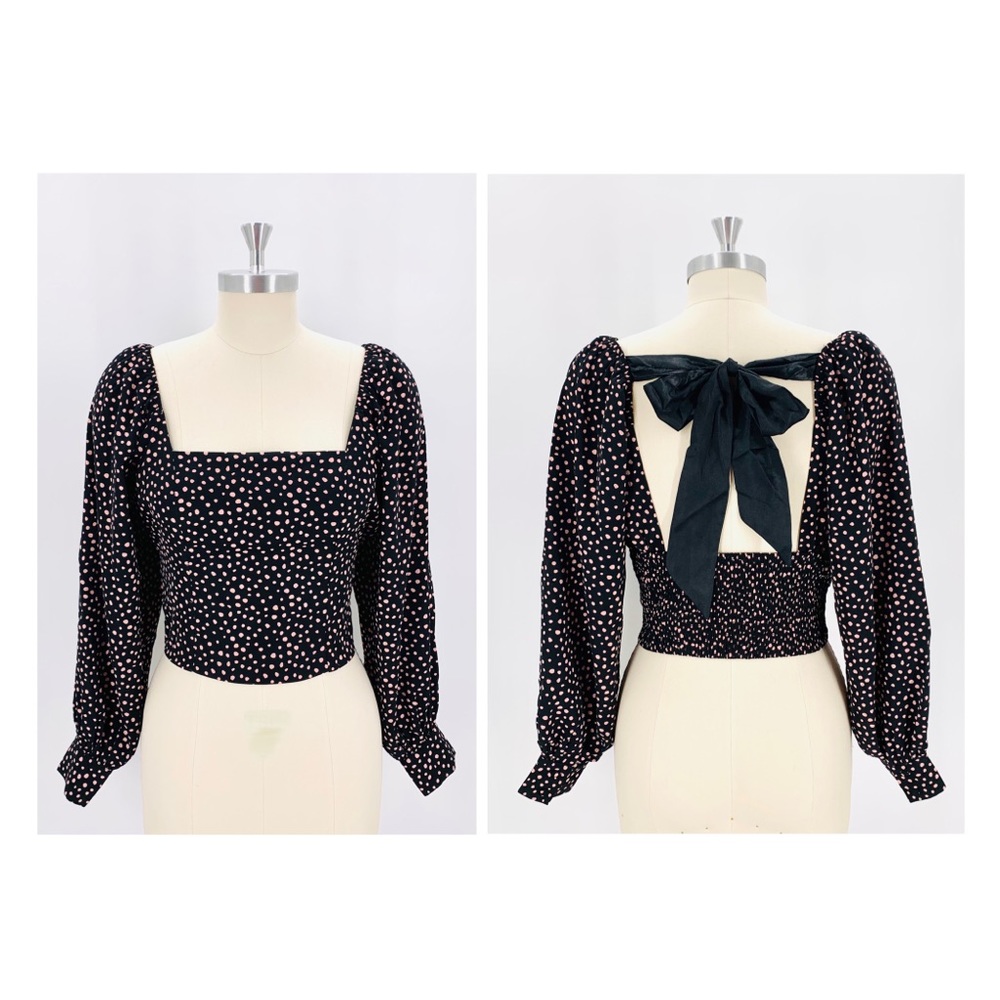 Lush Black and Pink Dots Long Sleeve Open Back Crop Top Square Neck Small NWT